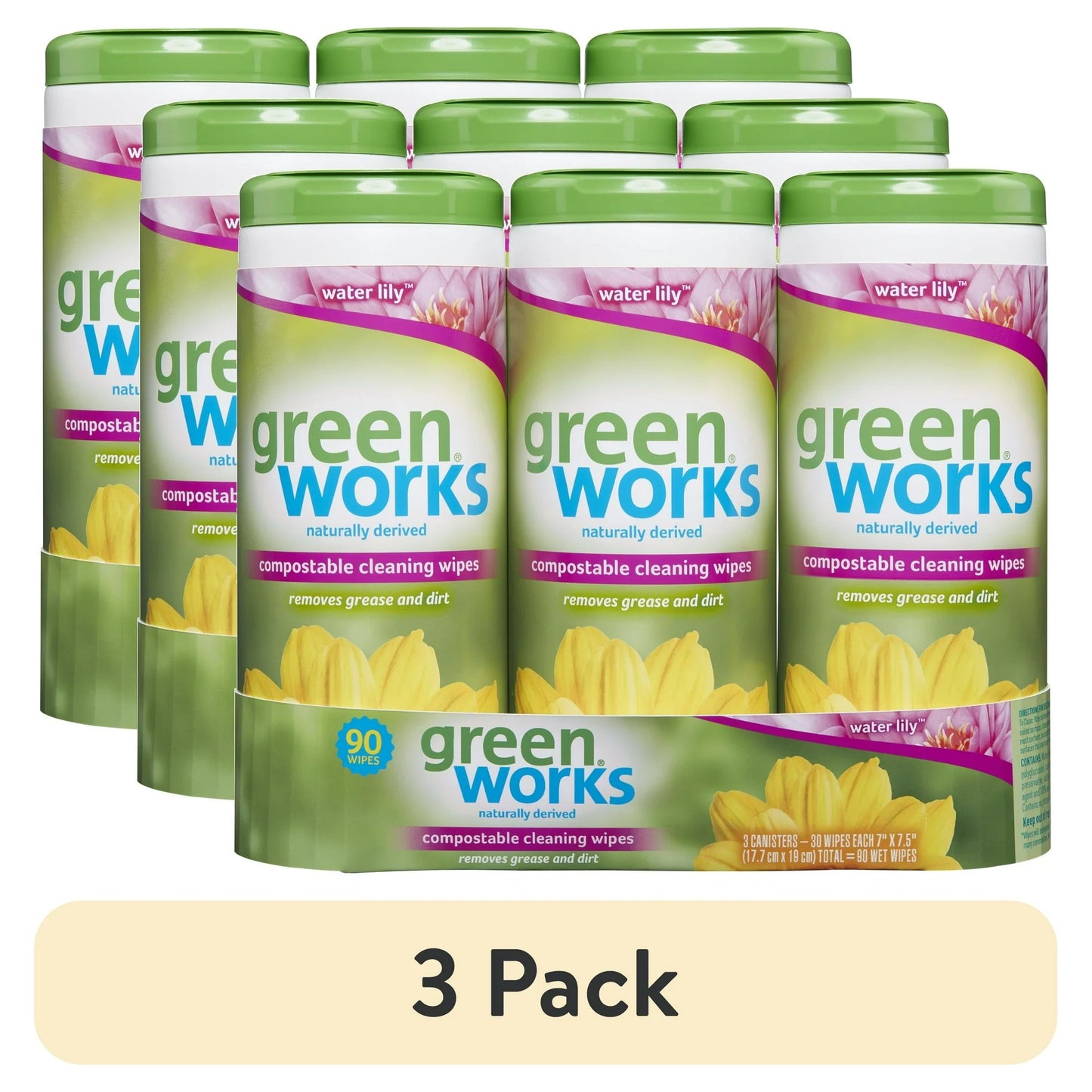 (3 pack) Green Works Compostable Cleaning Wipes, Biodegradable Cleaning Wipes - Water Lily, 30 ct